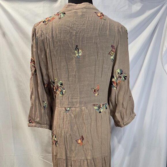 Fig & Flower Flowy Brown Dress Size Large Embroidered Paisley Sea Shell Buttons - Picture 9 of 12